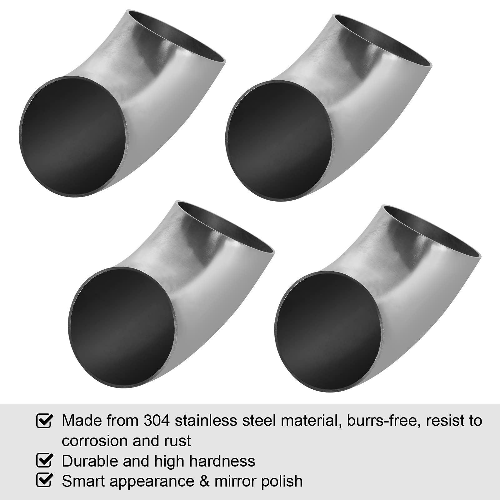 Zoeyes 4 Pcs Stainless Steel Exhaust Elbow, 2.5”Mandrel Bend Elbow - Thickness 16Ga/.065”Wall, Ss304 Stainless Elbow For Car Modified Exhaust Elbow Pipe, Stair Handrail, 90 Degree