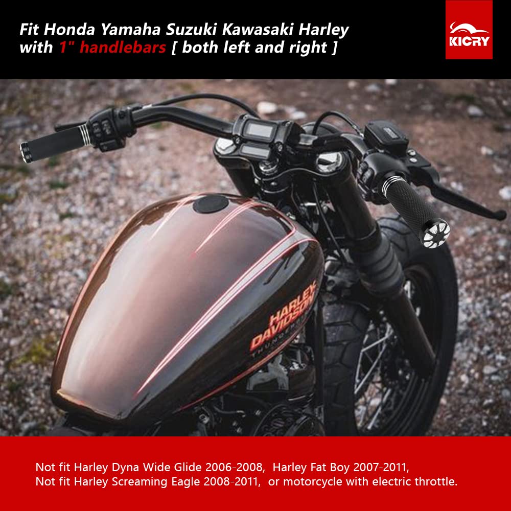 KICRY 1 Motorcycle Hand Grips Black Chrome Handlebar Grips Compatible with Harley Touring Honda Yamaha Suzuki Kawasaki (BK-3ci