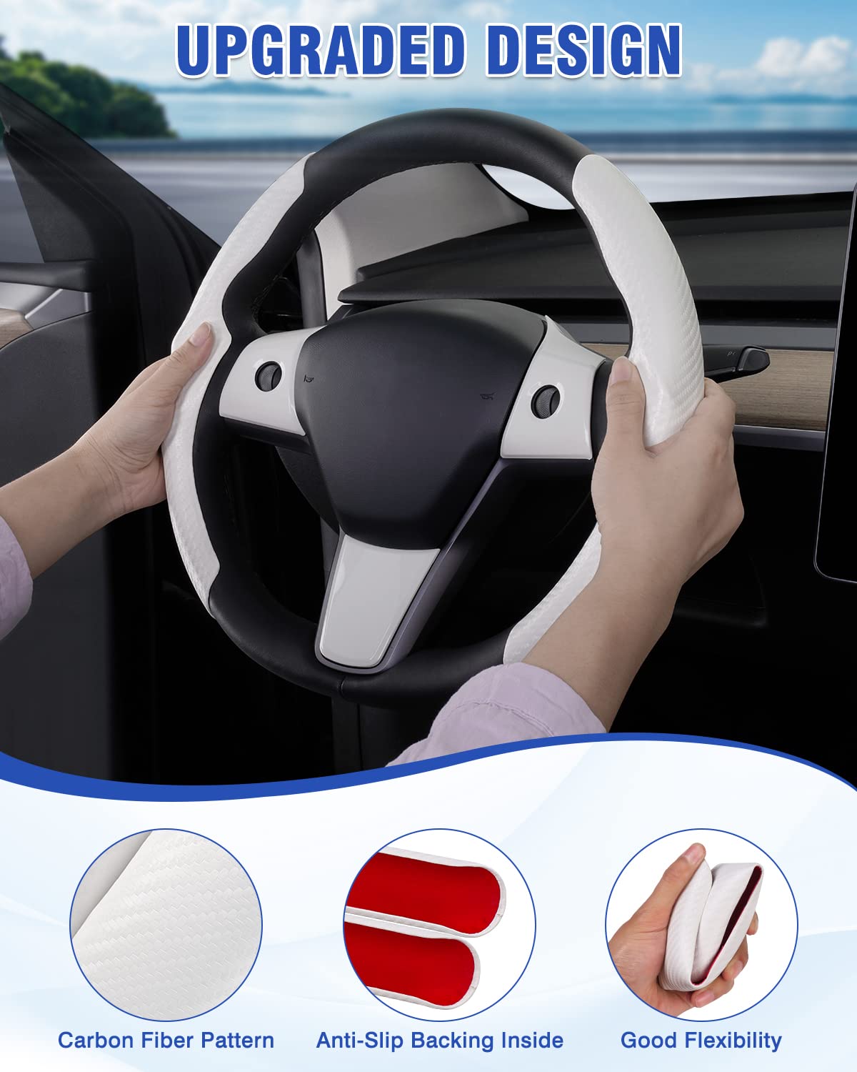 Canvcle Steering Wheel Cover For Tesla Model 3/ Model Y Carbon Fiber Steering Wheel Wrap Kit Anti-Slip Steering Wheel Trim Prote