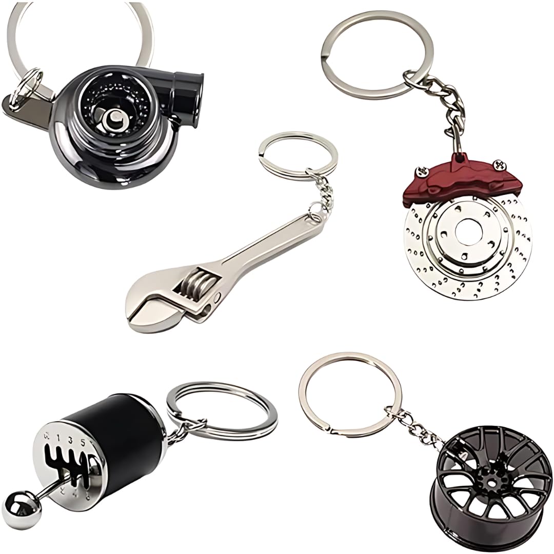 5Pc Car Lovers Key Chain Set - Manual Gear Shifter | Wheel Rim | Spanner | Turbo | Brake Disc Keychain | Automotive Accessories