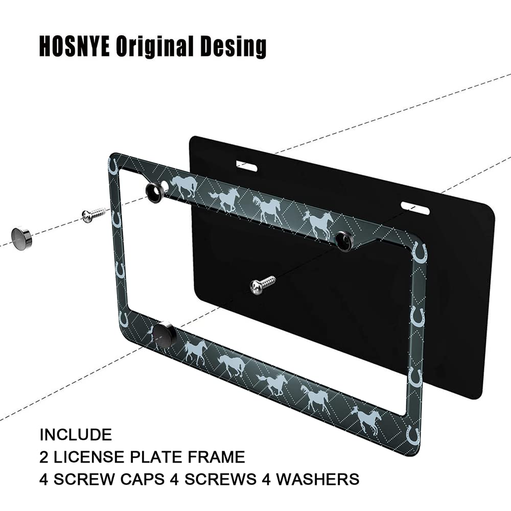 HOSNYE Blue Horse License Plate Frame Black Rectangle Background Metal 2 Pcs 2 Holes Black Licenses Plates Frames Front Licenses