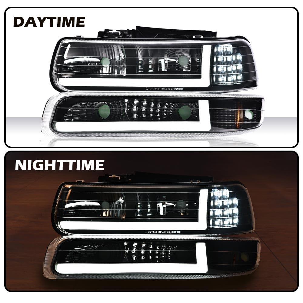 Pit66 Led Drl Headlight Assembly Compatible With Chevy Silverado 1500 2500 1999-2002/ Fit Silverado 1500Hd 2500Hd 3500 01-02/ Fi