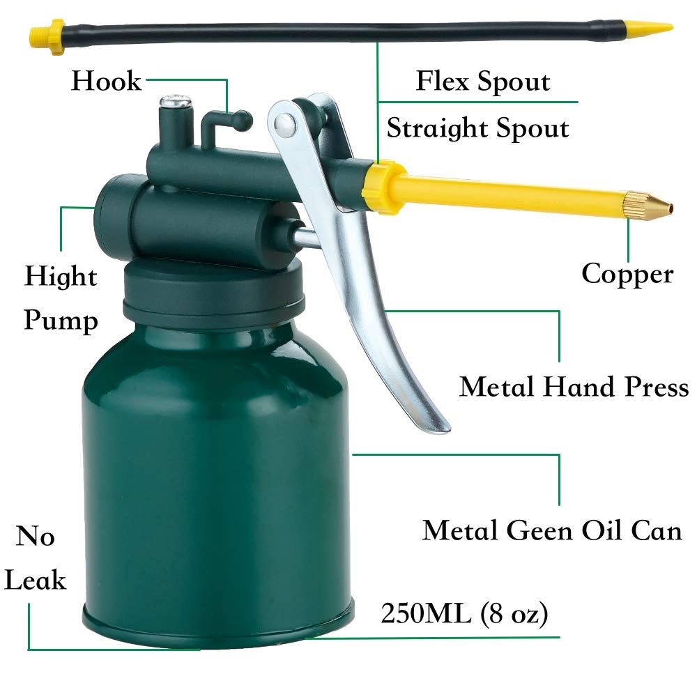 Usunrise Oil Can Pump Oiler Can-8Oz. Green Metal Can Bottle With Flexible And Straight Spout