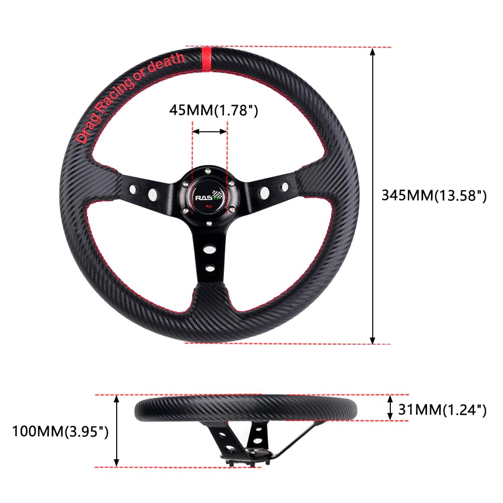 RASTP Deep Dish Steering Wheel,PU Carbon Fiber Racing Steering Wheel,345mm 6 bolt Steering Wheel(Universal)