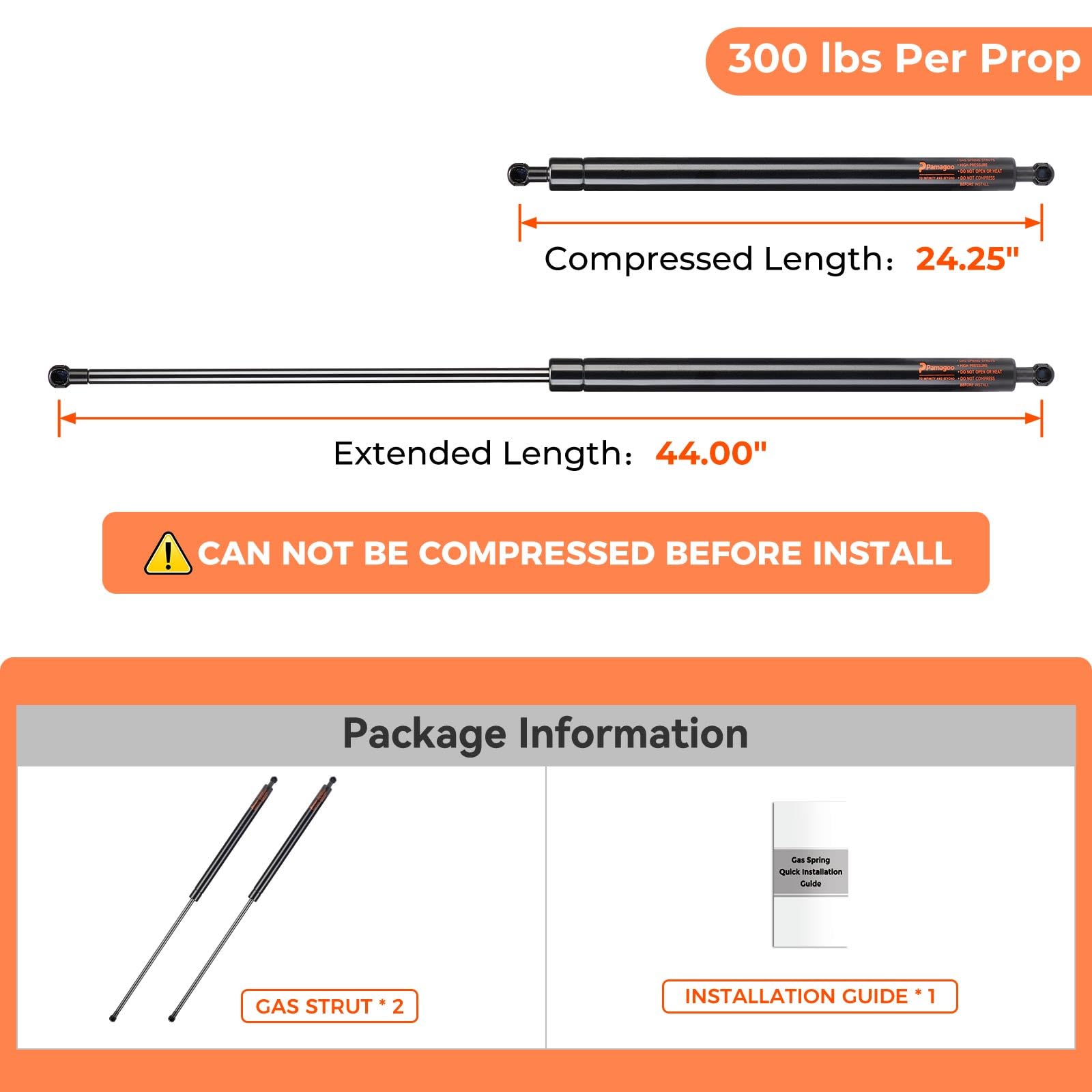 Pamagoo Sf440M300 44 Inch 300Lb Gas Struts 44'' Spring Shock Lift Support For Snowmobile Trailer Heavy Floor Hatch Heavy-Duty Sl