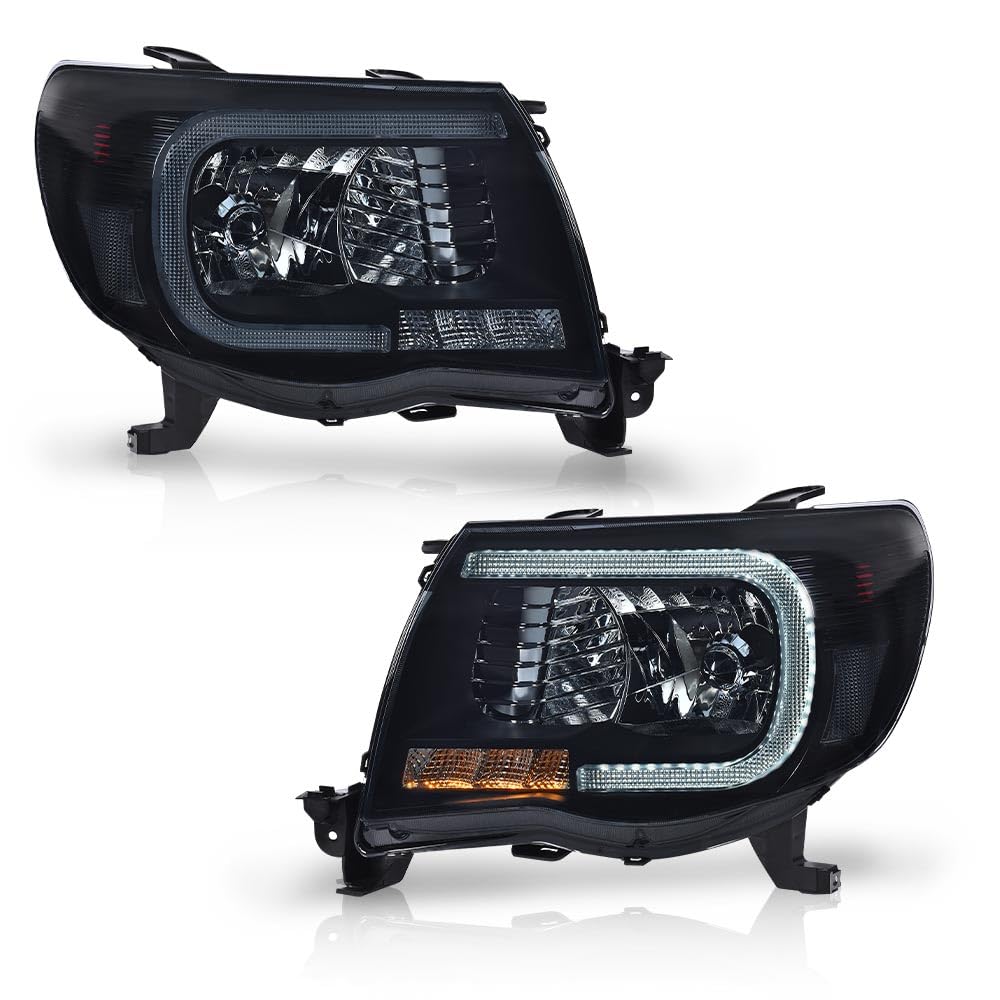 G-Plus Led Drl Tube Halo Projector Headlights W/O Bulbs Compatible With 2005-2011 Toyota Tacoma Smoke Lens Black Housing Clear R