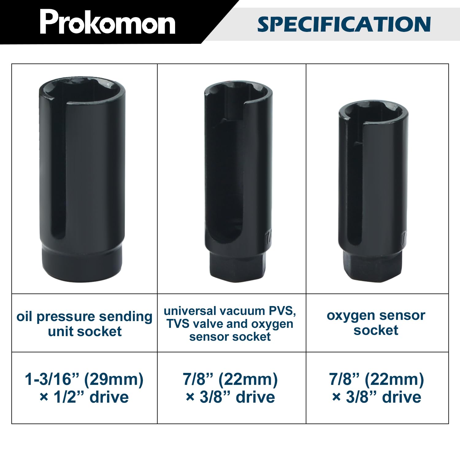 Prokomon 10 Pieces Oxygen Sensor Socket Set; Oxygen o2 Sensor Wrench Removal Tool; Oil Pressure Sensor Socket Set 1/2in and 3/8i