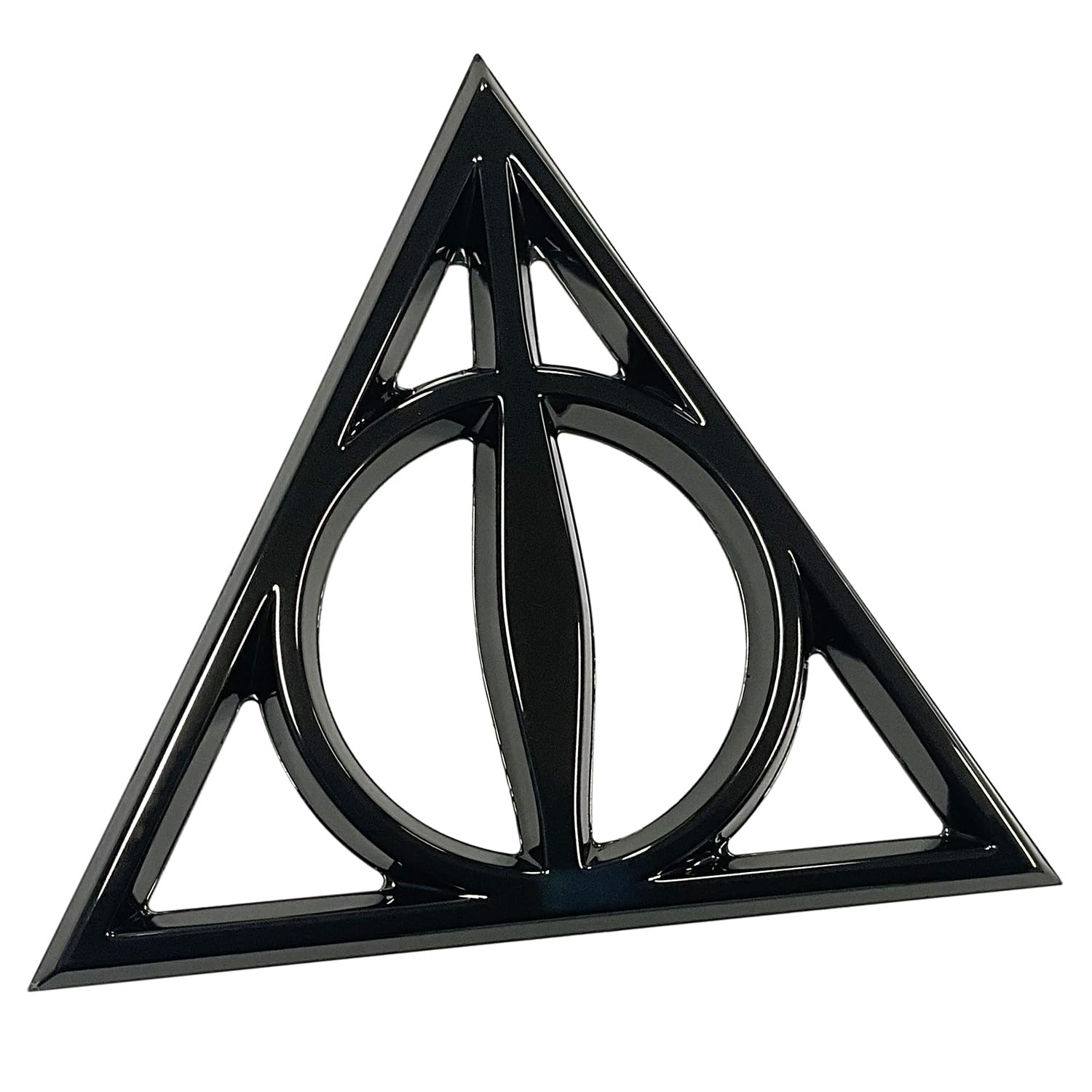 Fan Emblems Deathly Hallows Car Emblem - Harry Potter Symbol 3D Auto Badge - Color: Black Chrome - Size: 3.7 X 3.2 X 0.2 Inches