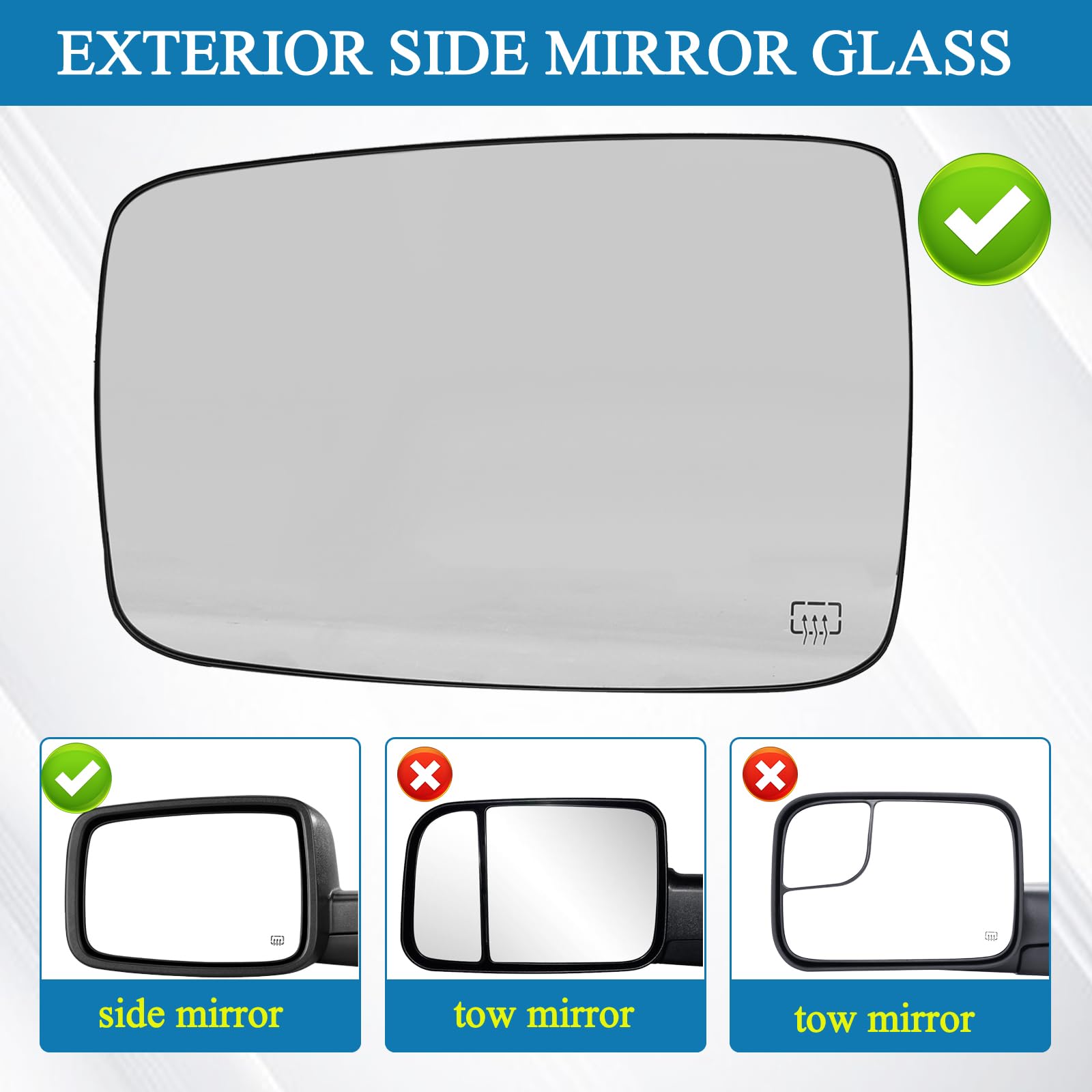 Driver Side Heated Mirror Glass Compatible With 2009-2018 Dodge Ram Pick-Up 1500 2500 - Replace 68079363Aa 68050299Aa - Side View Exterior Convex Mirror W/Backing Plate