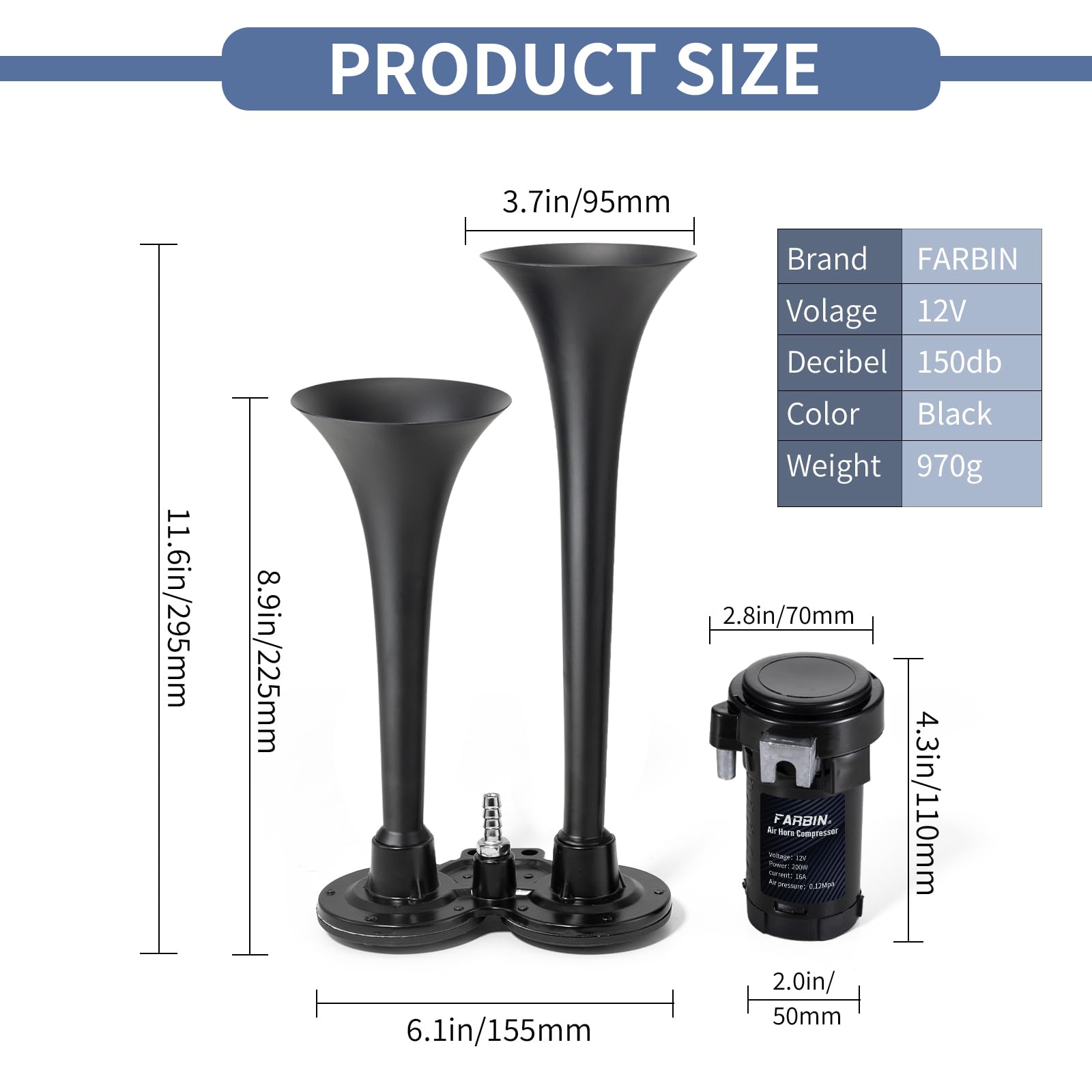 Farbin Car Horn 12V 150Db Super Loud Air Horn, Dual Trumpet Train Horns Kit For Trucks, Truck Horn With Compressor And Wire Harn