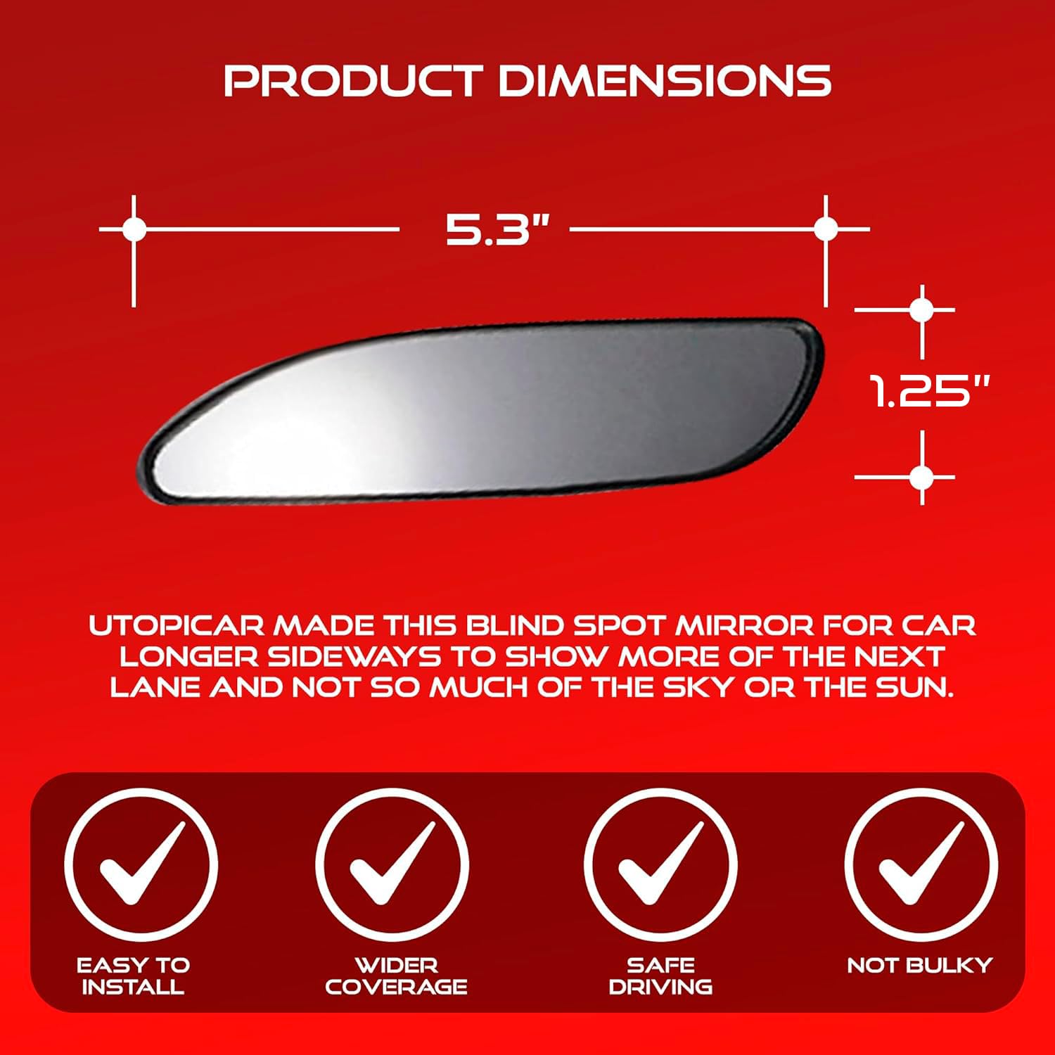 Utopicar Long Blind Spot Car Mirror - Convex Adjustable Rear View Mirrors, 2 Pack, Black, 5 Model, Glass Material