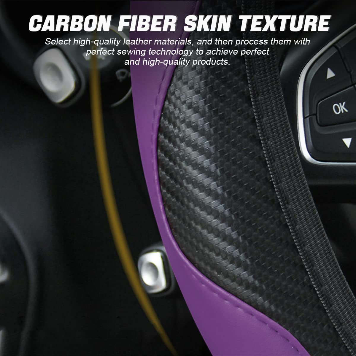 Car Steering Wheel Cover, Microfiber Pu Leather Elastic Carbon Fiber Auto Steering Wheel Protector, 15 Inch Breathable Anti-Slip For Women Men, Car Interior Accessories For Most Cars (Black/Purple)