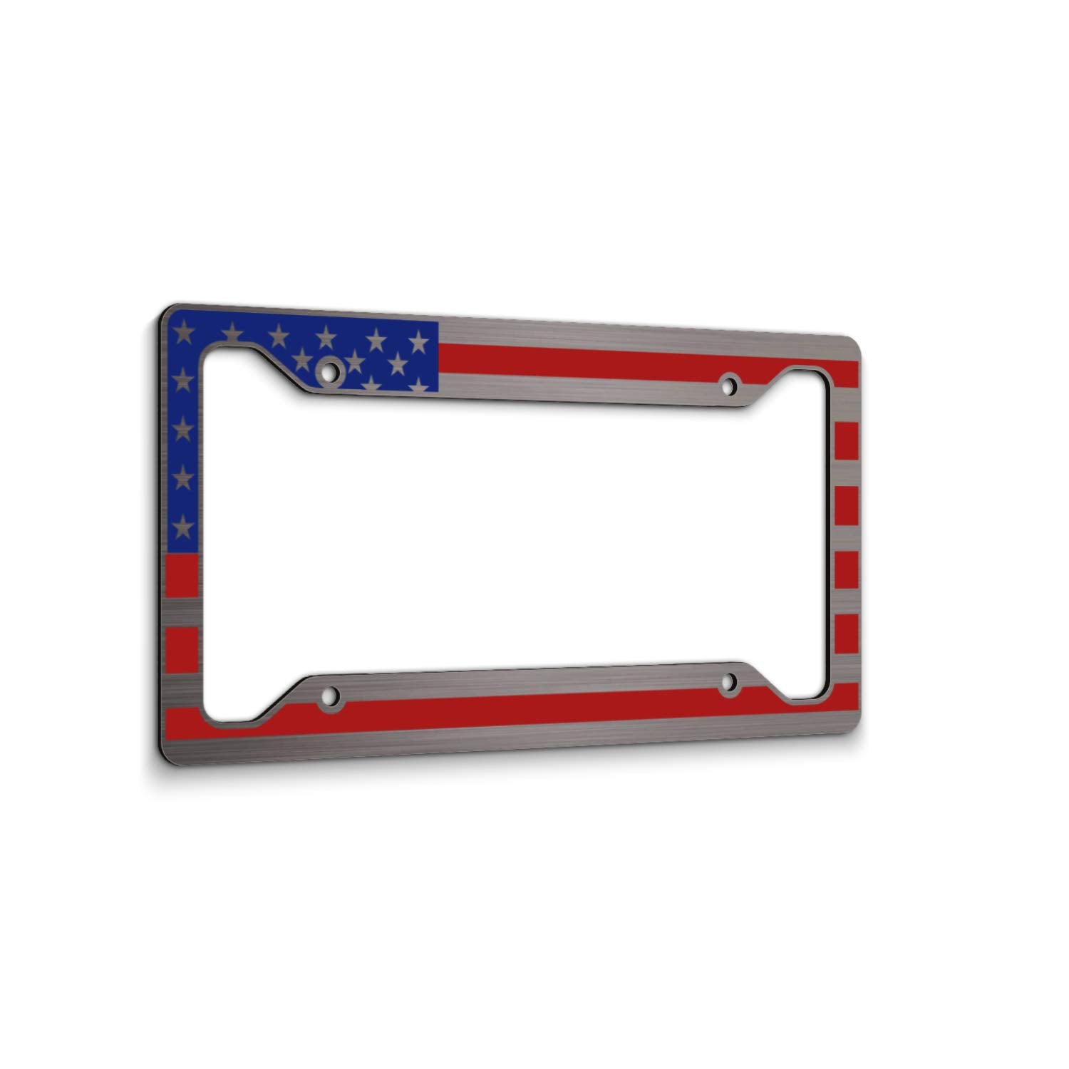 American Flag License Plate Frame - Red And Blue On Brushed - Tactical- Car Tag Frame
