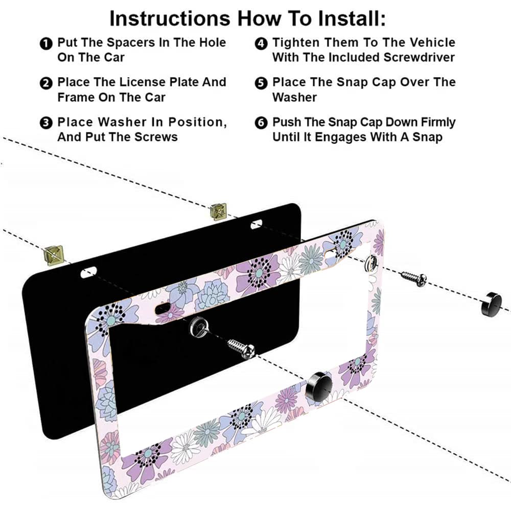 2Pcs Bright Purple Flower License Plate Frames Cover Holders Stainless Steel License Plate Cover With Screw Caps Cover And Screw