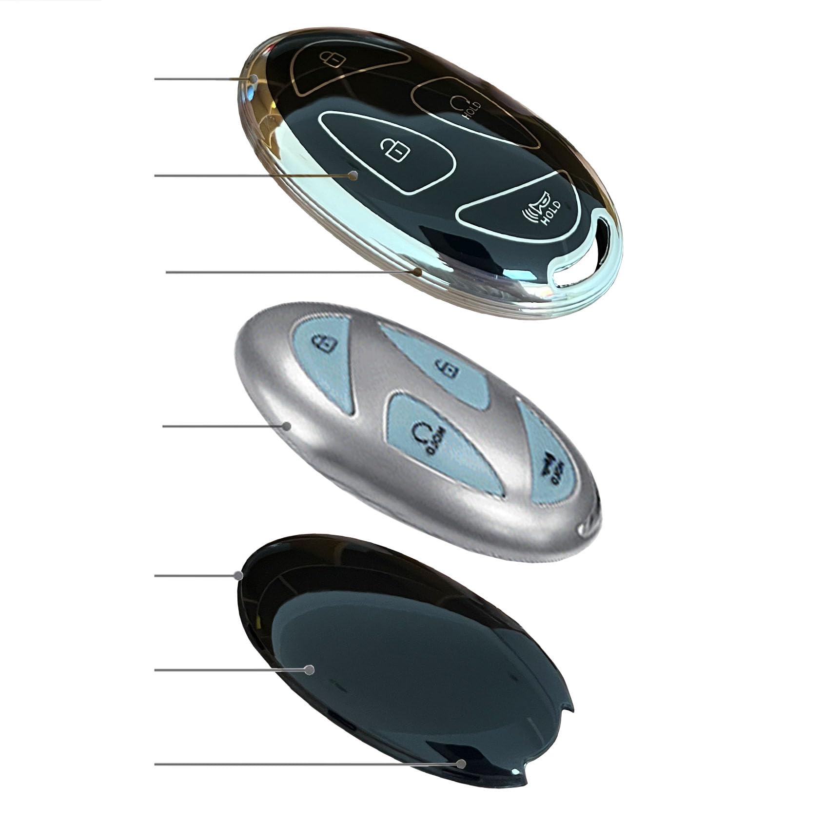 WENHENI for Hyundai Key Fob Cover Shell with Keychain Fit for Hyundai Ioniq 6 Grandeur GN7 KONA 2023 2024 Key (Black-silver-5b)