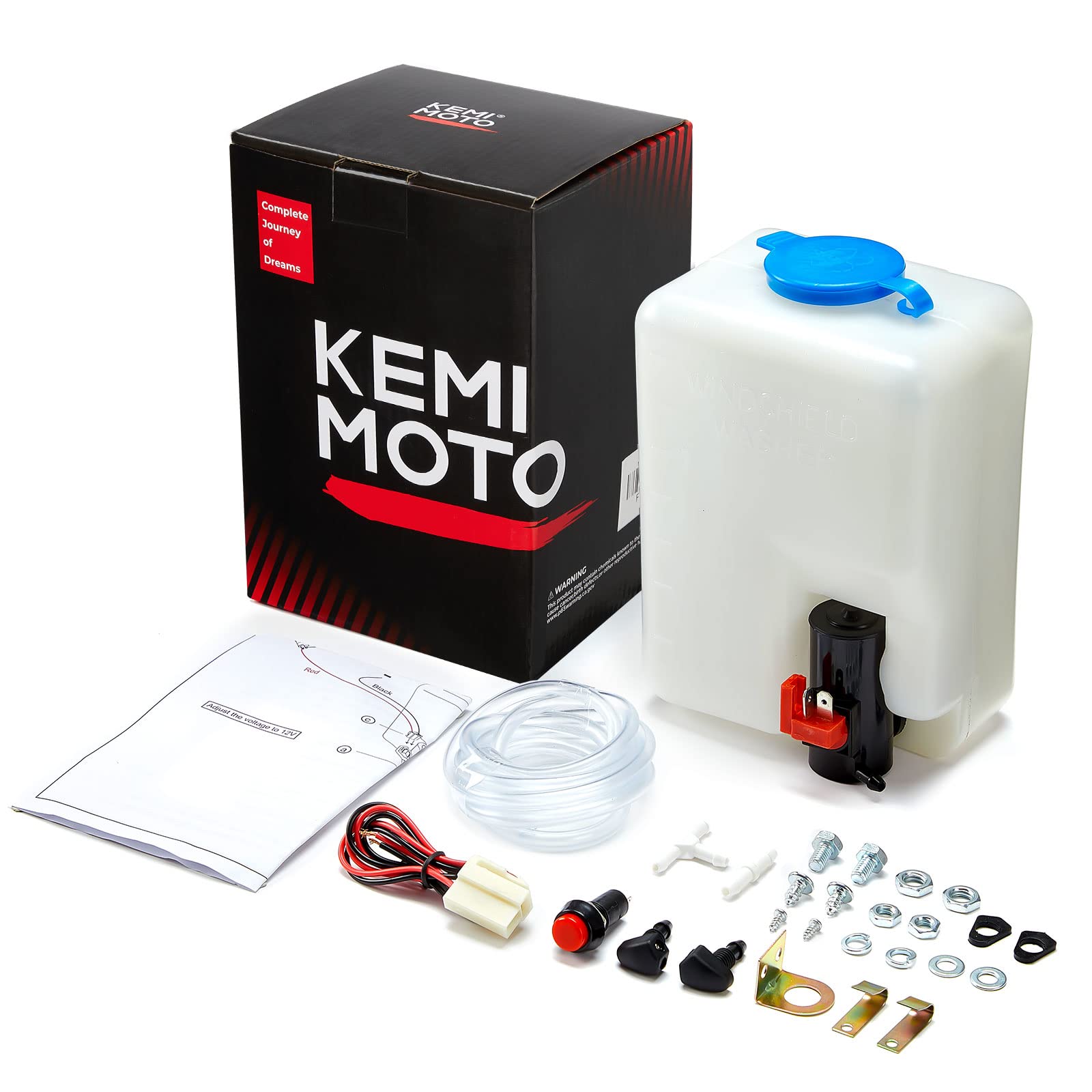Kemimoto Universal Car Windshield Washer Pump, Washer Fluid Reservoir Bottle Kit With Pump Jet Button Switch 12V Windshield Tank