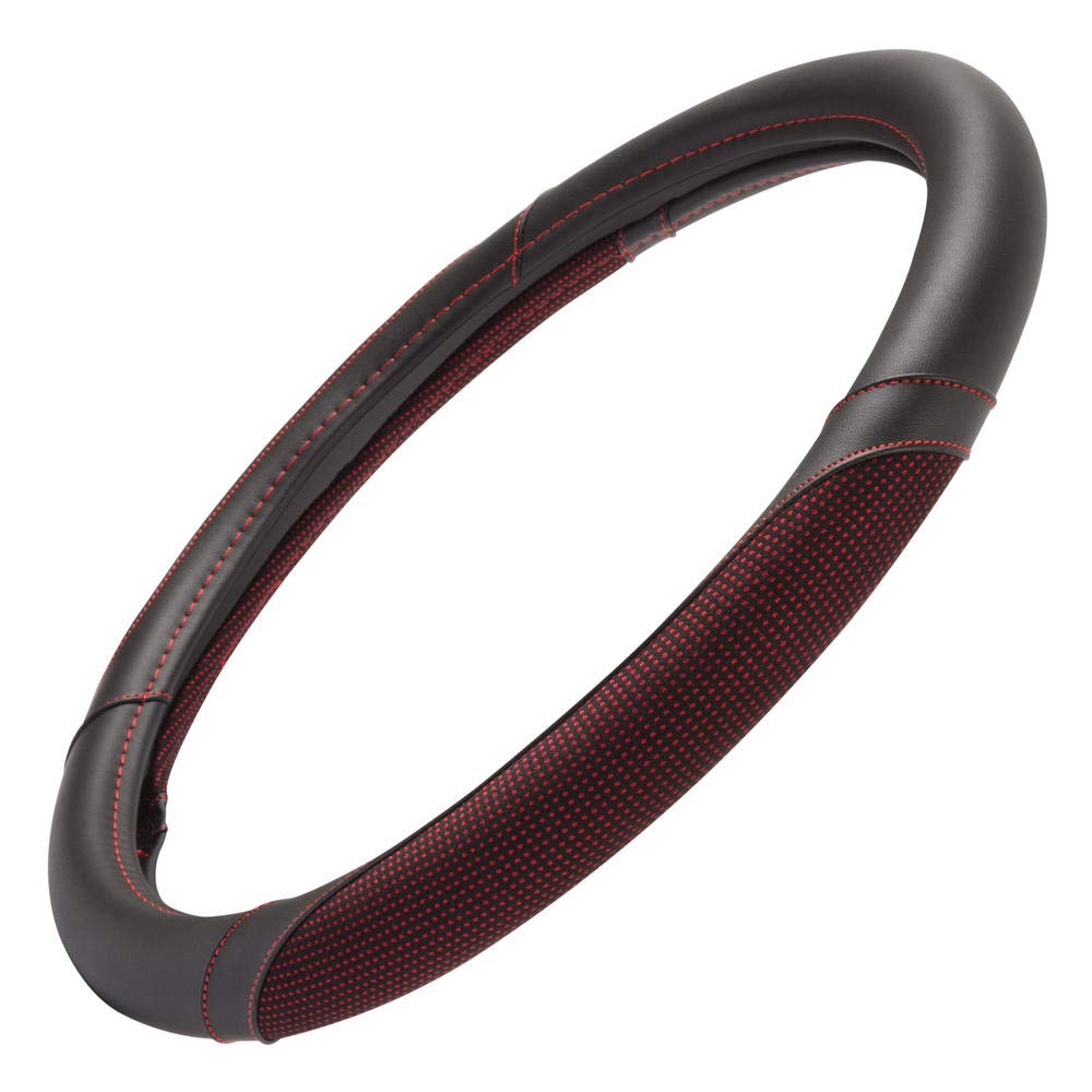 Motor Trend Wine Steering Wheel Cover - Dotted Comfort Polyester Grip On Stitched Synthetic Leather, Wine Stitching/Black