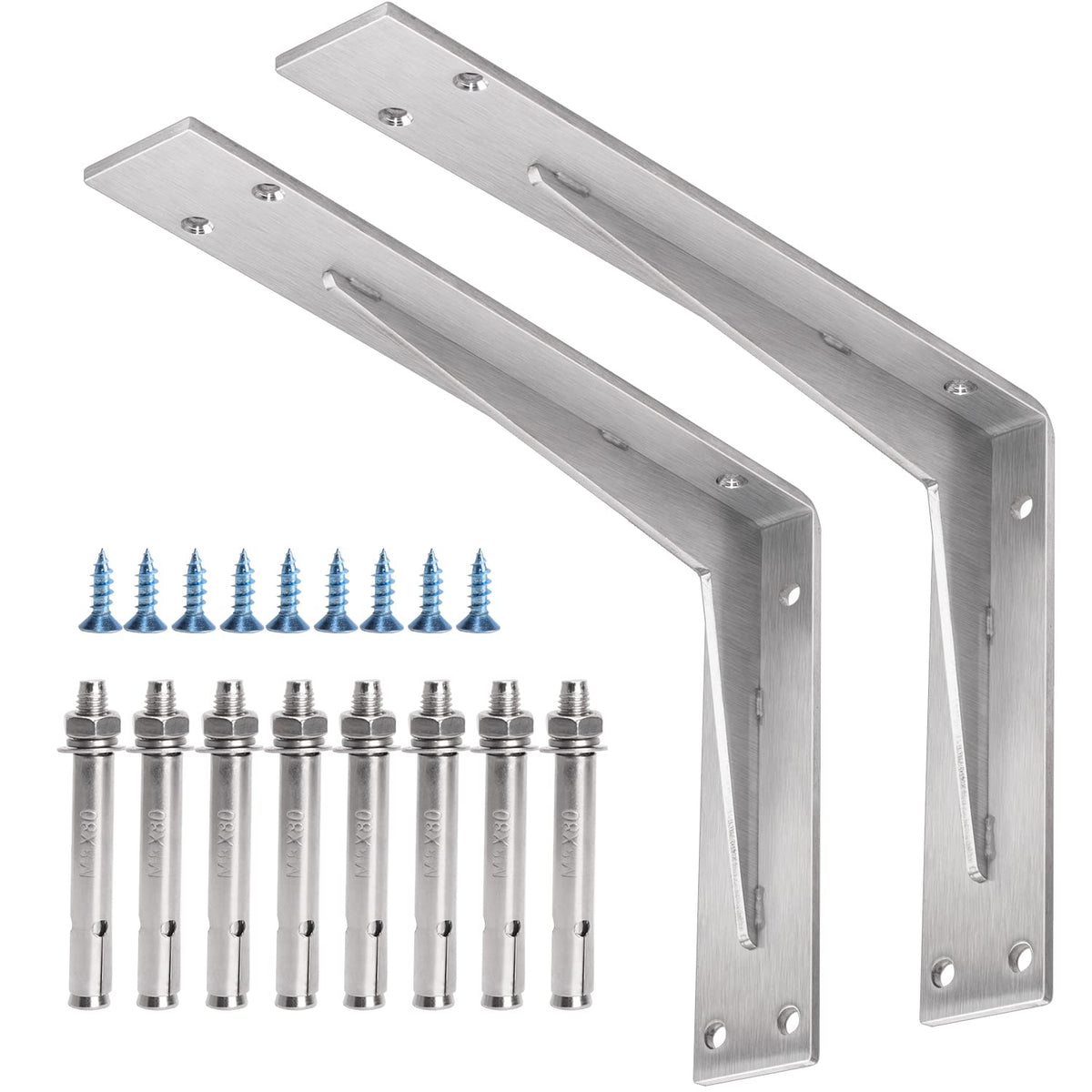 Yumore Shelf Bracket Heavy Duty 12X8X2 In, 1/5In Extra Thick Solid L Brackets Stainless Steel Countertop Bar Top Support Brackets Wall Mounted, Includes Hardware, 2 Pack