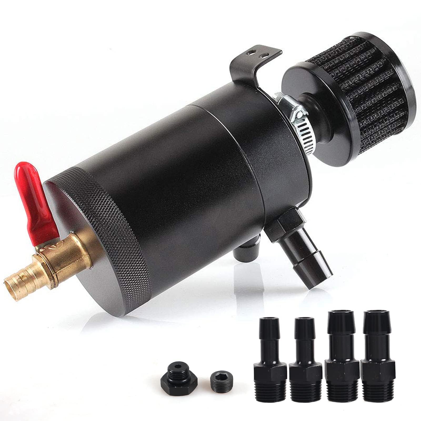 Wenjtp Oil Catch Can Kit With 4 Adapters + Breather Filter Drain Valve Plug 2 Ports (1 Oulet + 1 Inlet) 150Ml Universal Aluminum Baffled Oil Reservoir Tank Oil Separator Htracing
