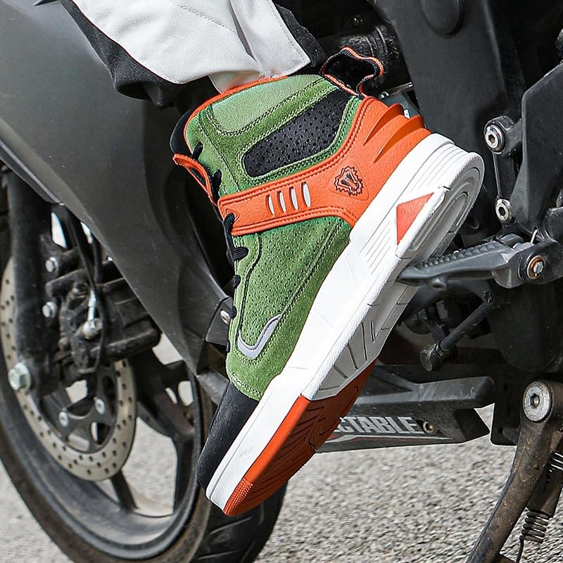 Bofucn Motorcycle Leather Boots,Street Riding Shoes,Anti-Slip Side Zipper Shoes For Men And Women (Black/Green, Adult, 9 Men/10