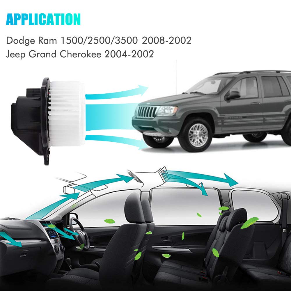 AC Heater Blower Motor with Fan Replacement for 2002-2008 Dodge Ram 1500 2500 3500, 2002 2003 2004 Jeep Grand Cherokee Replaces