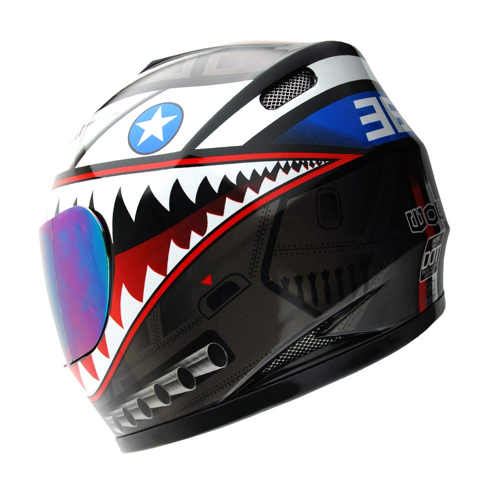 Wow Youth Motorcycle Full Face Helmet Street Bike Bmx Mx Kids Shark Black + Mx Skeleton Glove Bundle Size Medium