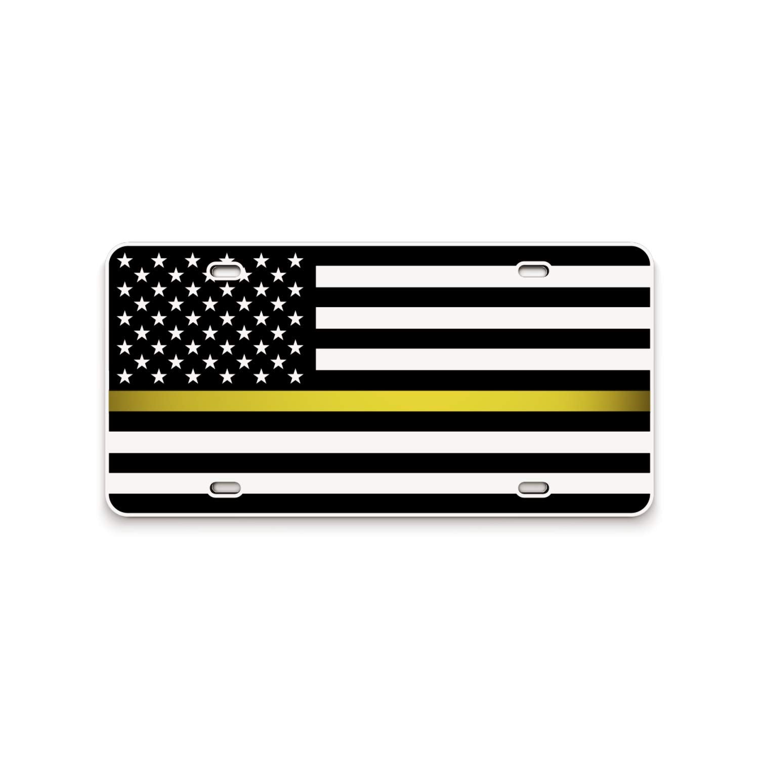 Jass Graphix Dispatcher Thin Yellow Line American Flag License Plate Matte Black On 1/8'' White Aluminum Composite Heavy Duty Ta