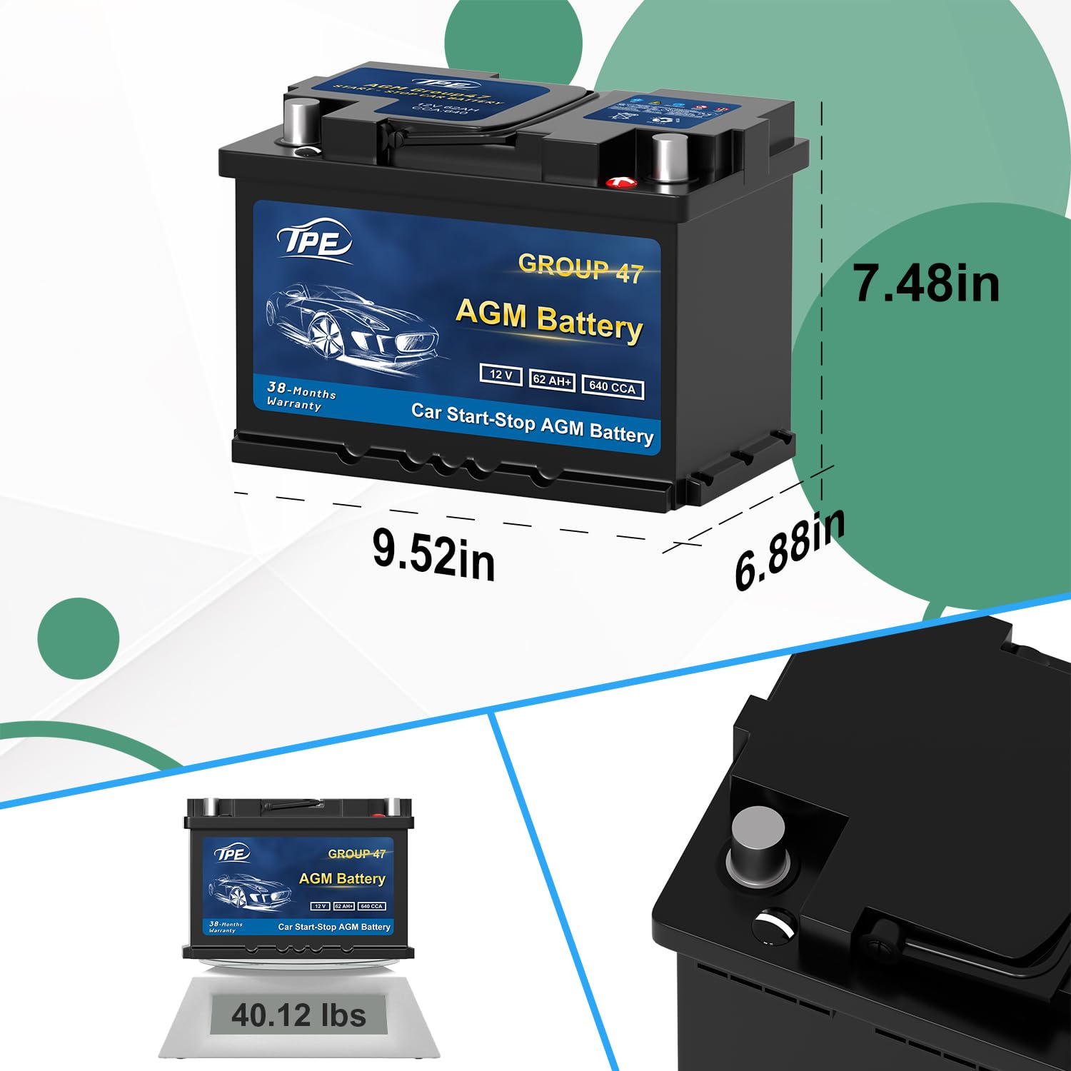 TPE AGM Battery BCI Group 47, Maintenance Free 12V 62Ah, H5 Size, 100RC, 640CCA, Automotive Battery, Reliable Performance for Ca