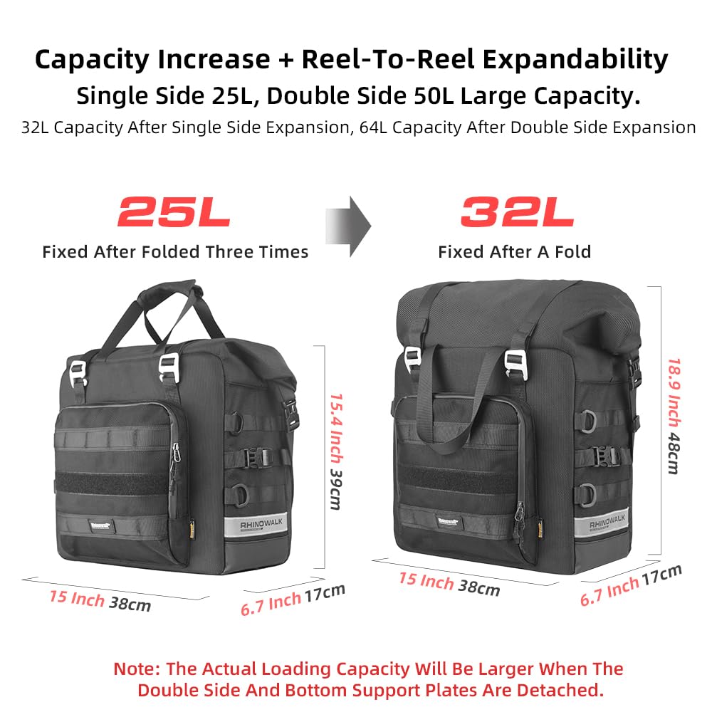 Rhinowalk Motorcycle Saddlebag Waterproof Luggage Bag Quick Release Motorcycle Side Bag 25L Fits Most Adventure and Sports Bike