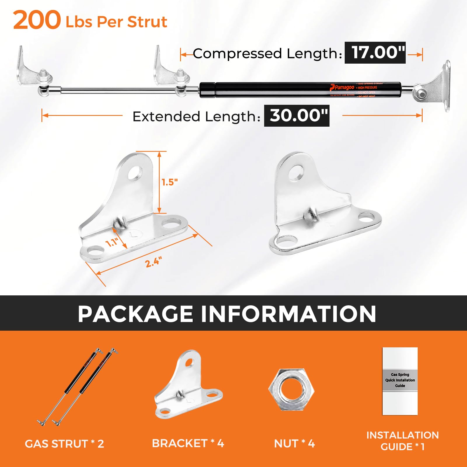 Pamagoo 30 Inch 200 Lbs Gas Strut 890 N Per Prop 30'' Gas Spring Shock With L-Type Mounts For Heavy Duty Bed Box Lid Window Base