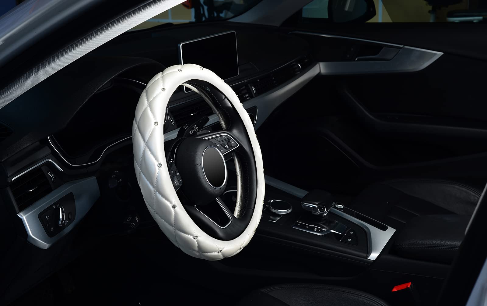 Kafeek Diamond Soft Leather Steering Wheel Cover With Bling Bling Crystal Rhinestones, Universal 15 Inch,Cream White