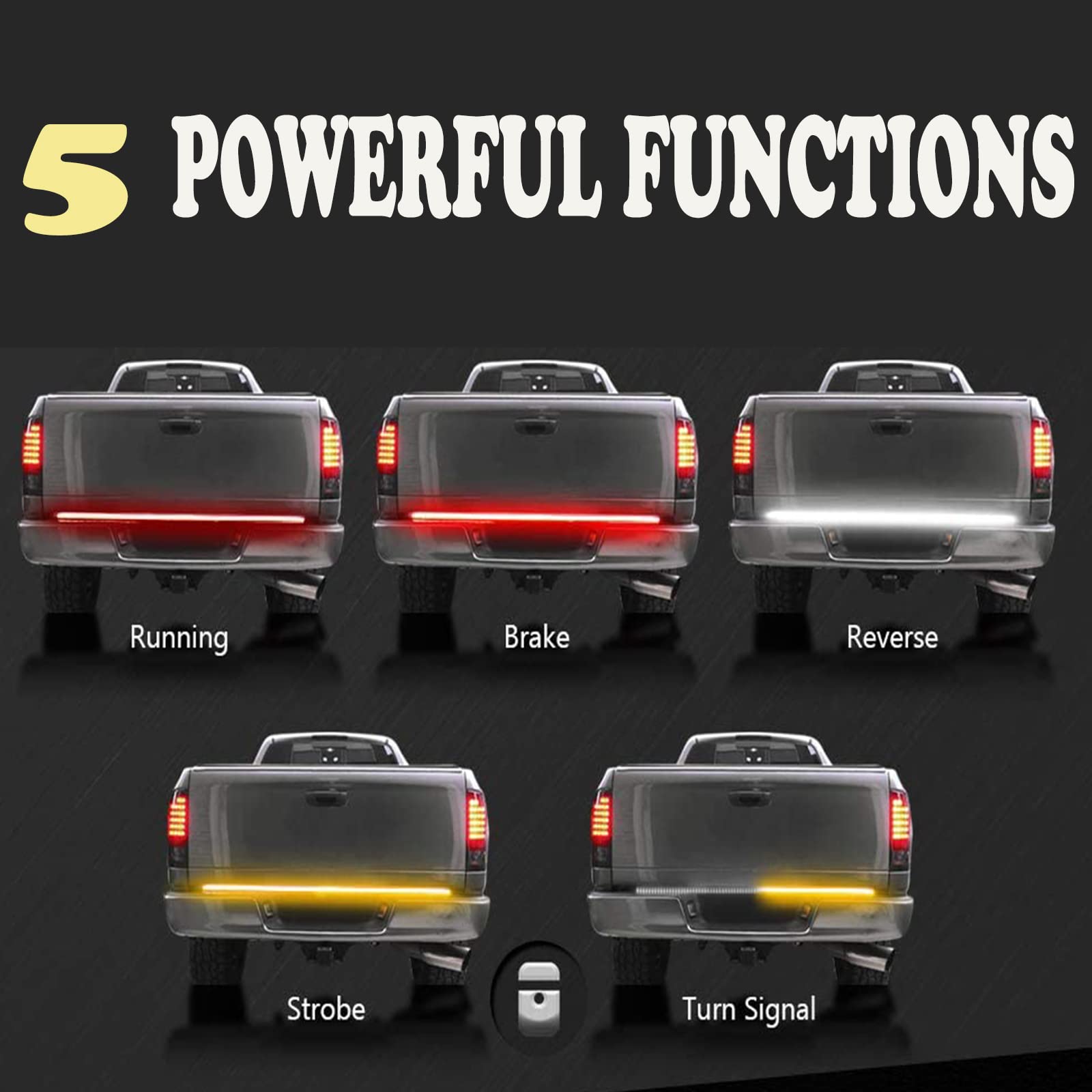 Akarado Led Tailgate Light Bar Triple Row 60'' Truck Tailgate Strip Light 5 Functions Red Brake/Amber Turn Signal/White Revers/D
