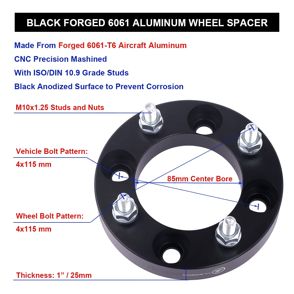 Vlaoschi Black Forged 4X115 Atv Wheel Spacers 1 Inch With 10X1.25 Studs Compatible With Yamaha Arctic-Cat 4 Lug 4/115 For 300 400 500 Prowler Xt 550 650 700 | Raptor 125 350 660R 700 - Pack Of 4