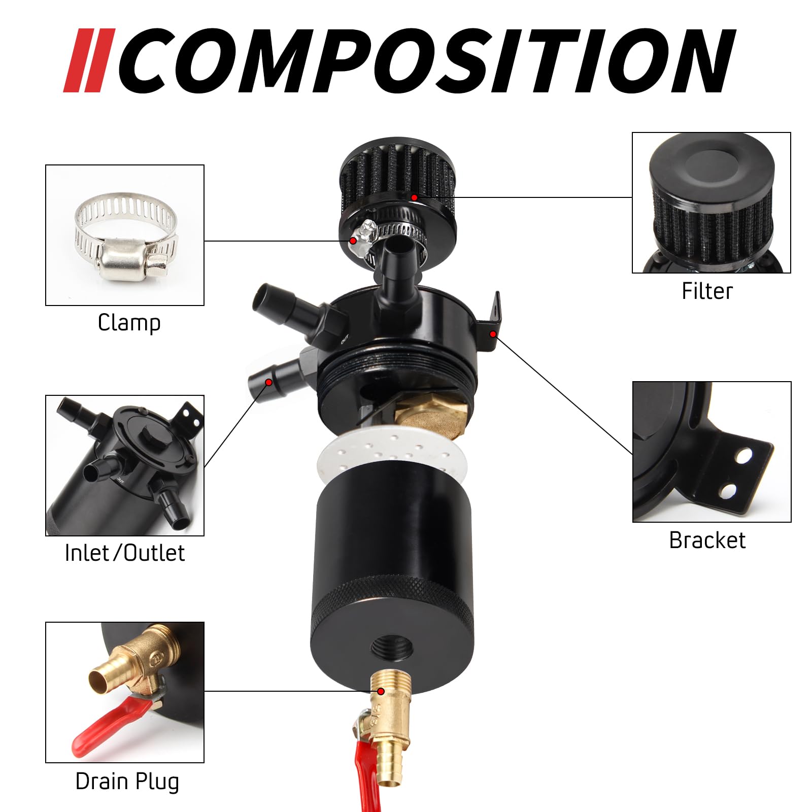 WENJTP Oil Catch Can Kit - 150ml Universal Aluminum Baffled Tank, 2 Ports, Black, Model M2/OCC002, Includes 4 Adapters & Breather Filter