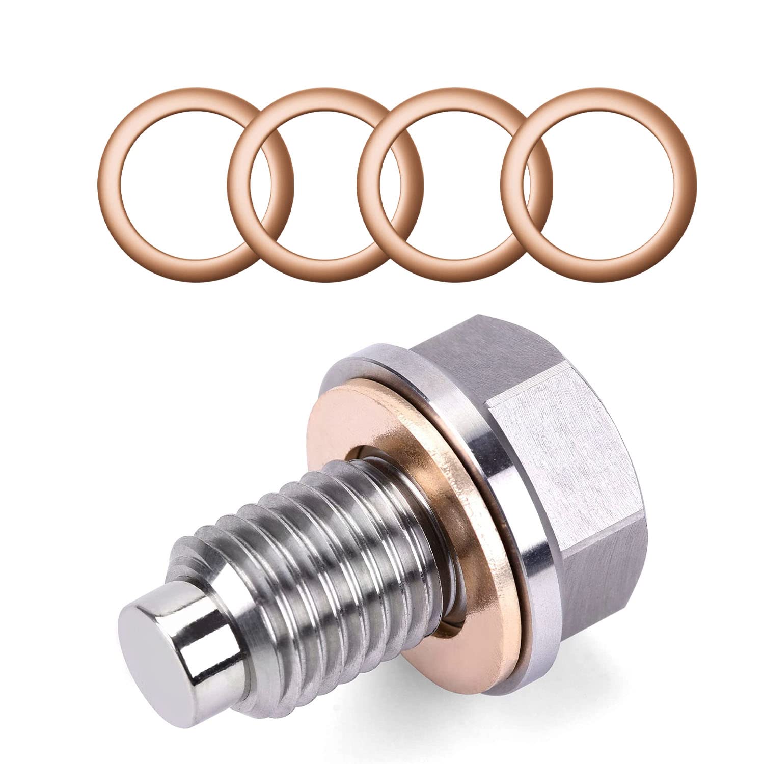 Miytsya Stainless Steel Sump Drain Nut Bolt, 1 Pc M14X1.5 Magnetic Oil Drain Plug With 5 Pcs Gaskets, Universal For Most Cars Ford Motorcycle Boat Leak-Proof Replacement (Silver)