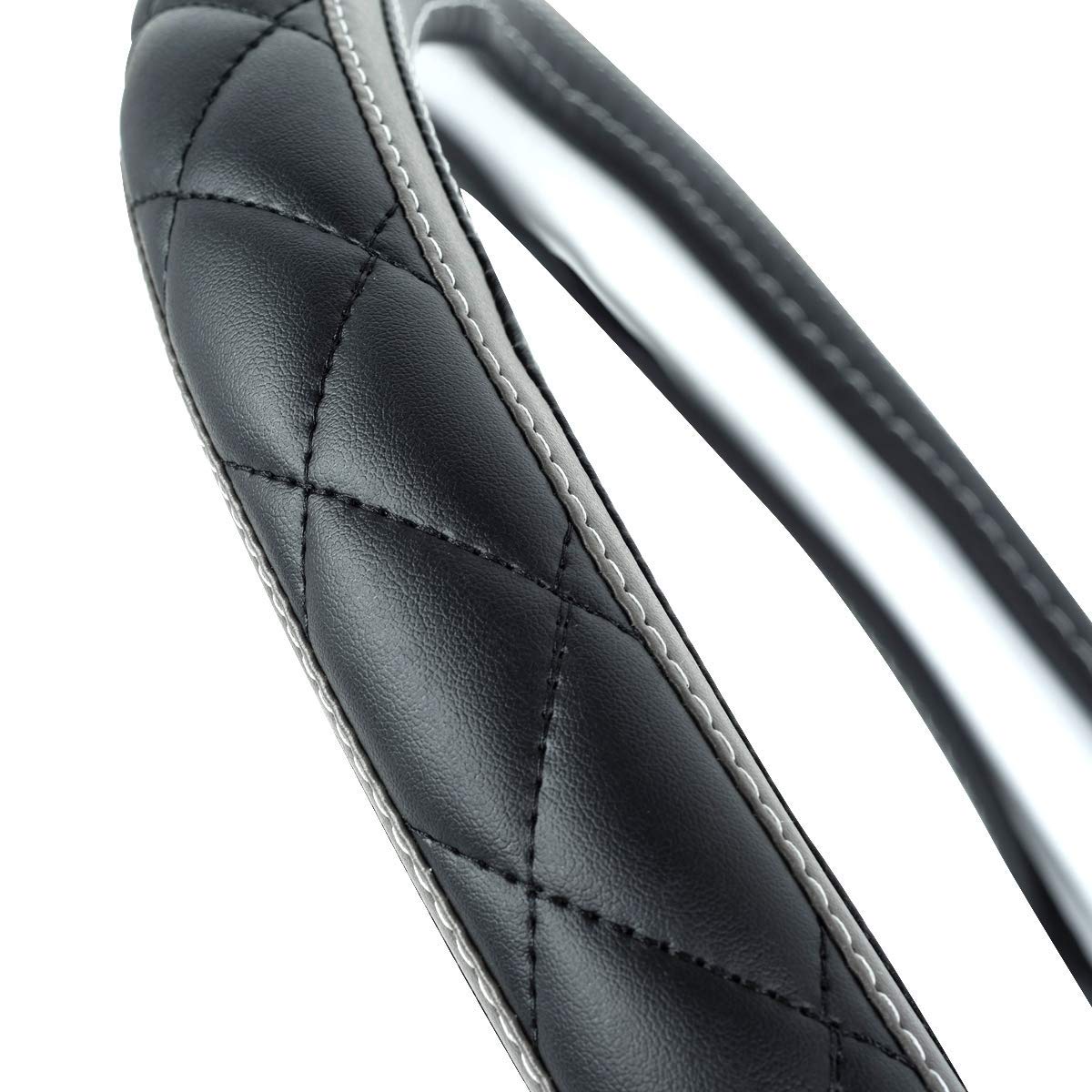 CAR PASS Sporty Quilting Leather Universal Fit Steering Wheel Cover,Fit for Suvs,Vans,Sedans,Trucks for 14.7'' to 15''(Black & G