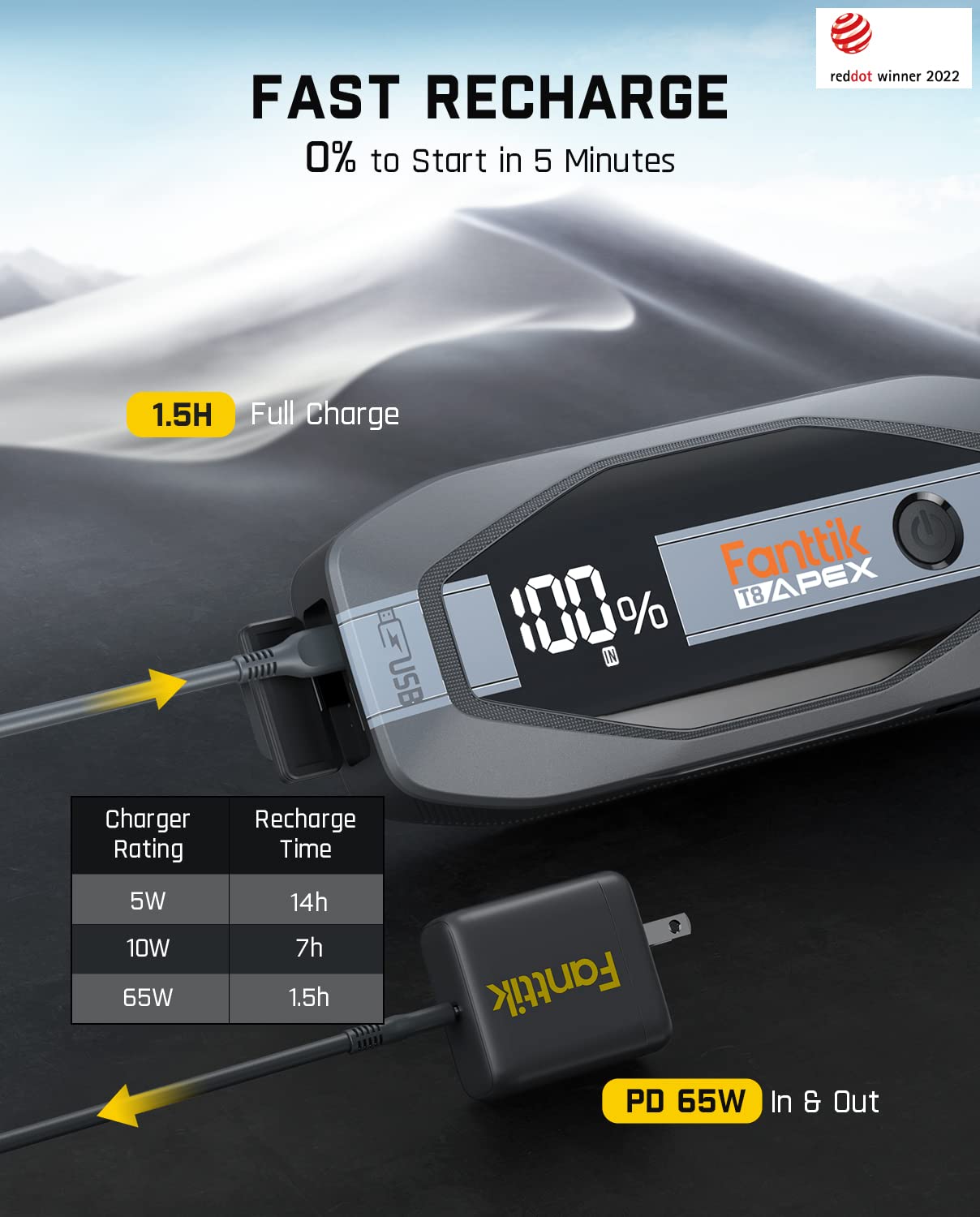 Fanttik T8 Apex 2000 Amp Jump Starter, 65W Two-Way Fast Charging, For Up To 8.5L Gas And 6L Diesel Engines, Digital Screen, 12V