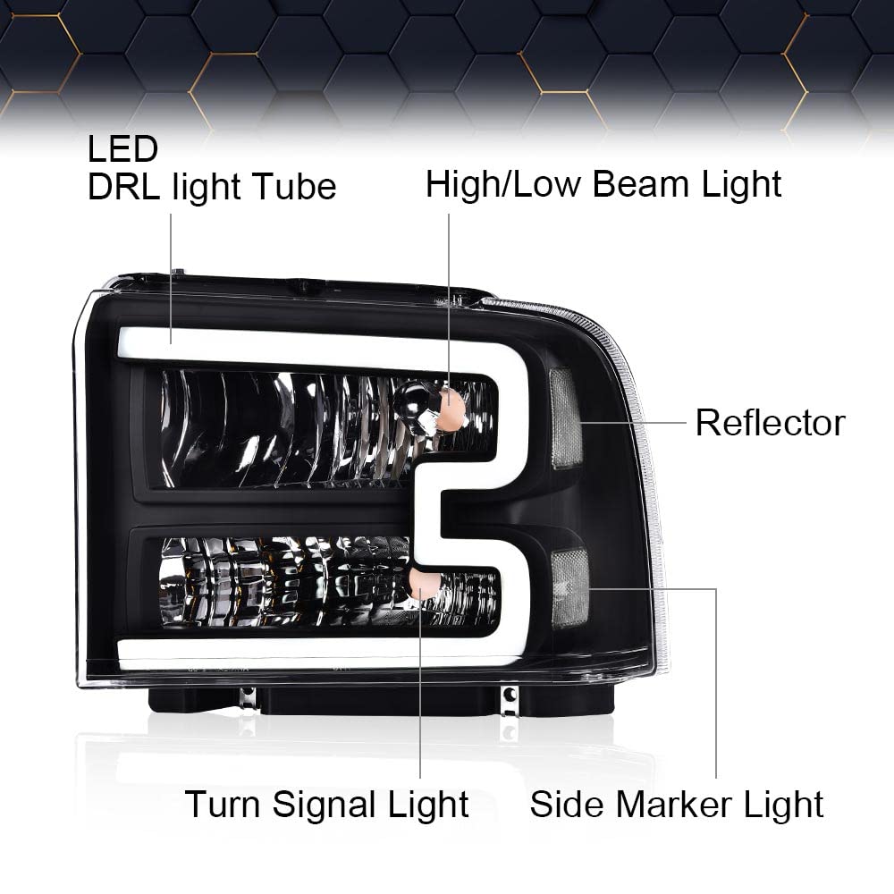 Pit66 Led Drl Headlight Compatible With Ford F250 F350 F450 F550 Super Duty 2005-2007/Compatible With Excursion 2005 6C3Z13008Db