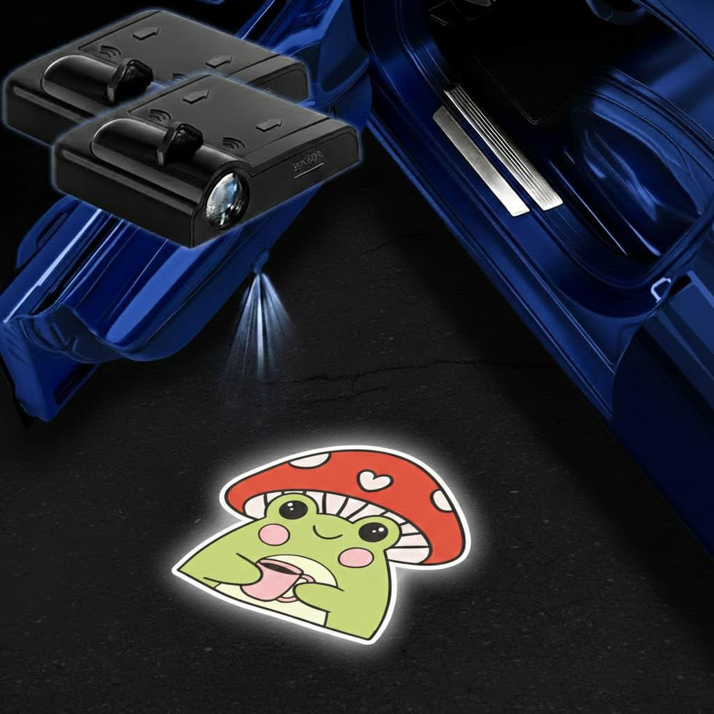 2PCS Mushroom Frog Car Door Lights Projector,Wireless LED Welcome Puddle Lights,Magnetic Logo Projector Door Light Decor Car Acc