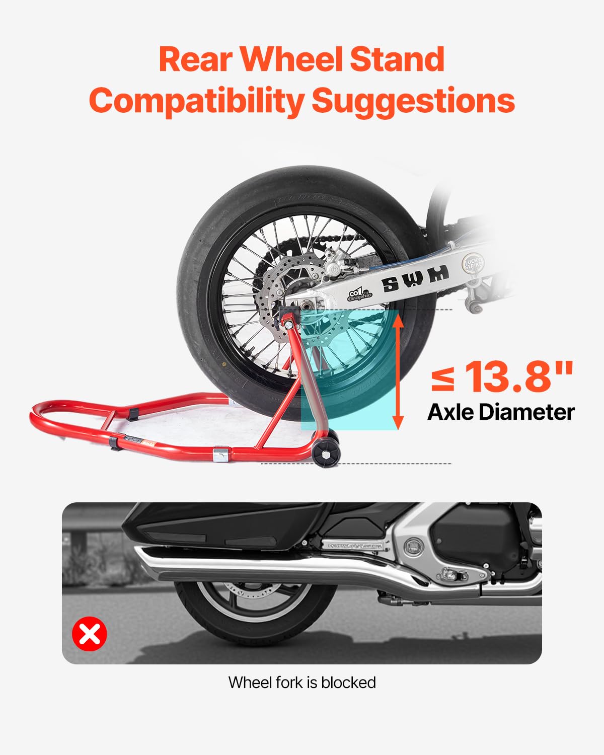 VEVOR Motorcycle Rear Wheel Stand, 850 LBS Load Capacity Heavy Duty Rear Wheel Stand with U + L Fork Swingarm Spool, Adjustabe M