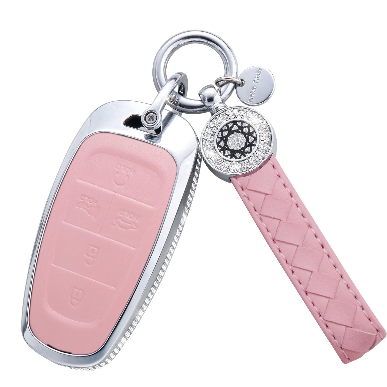Ruabiban For Hyundai Key Fob Cover With Keychain, Pink Genuine Leather Crystal Key Case Protection Shell Compatible With 2019 20