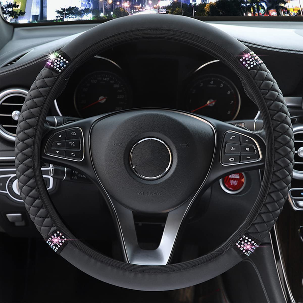Bling Leather Steering Wheel Cover, Colorful Rhinestones Elastic Steering Wheel Protector, Pu Soft Leather With Crystal Diamond, Sparkling Car Accessories For Most Cars (Black)