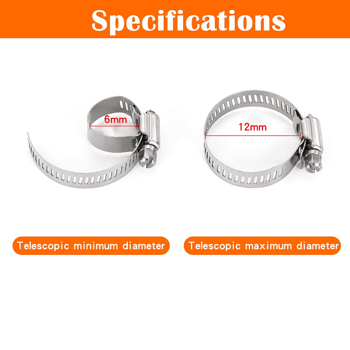 Dianrui 25 PCS Hose Clamps 1/4 ''-1/2 '' (6-12mm)304 Stainless Steel Worm Gear Fuel Line Hose Pipe Clamps for Fuel Line, Plumbin