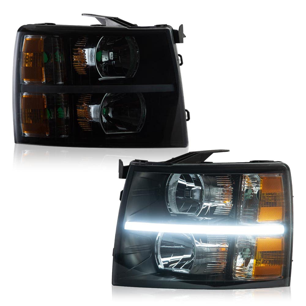 Pit66 Led Bar Headlight, Compatible With 07-13 Chevy Silverado 1500/07-14 Silverado 2500 3500 & Hd Black Housing Smoky Lens Amber Corner