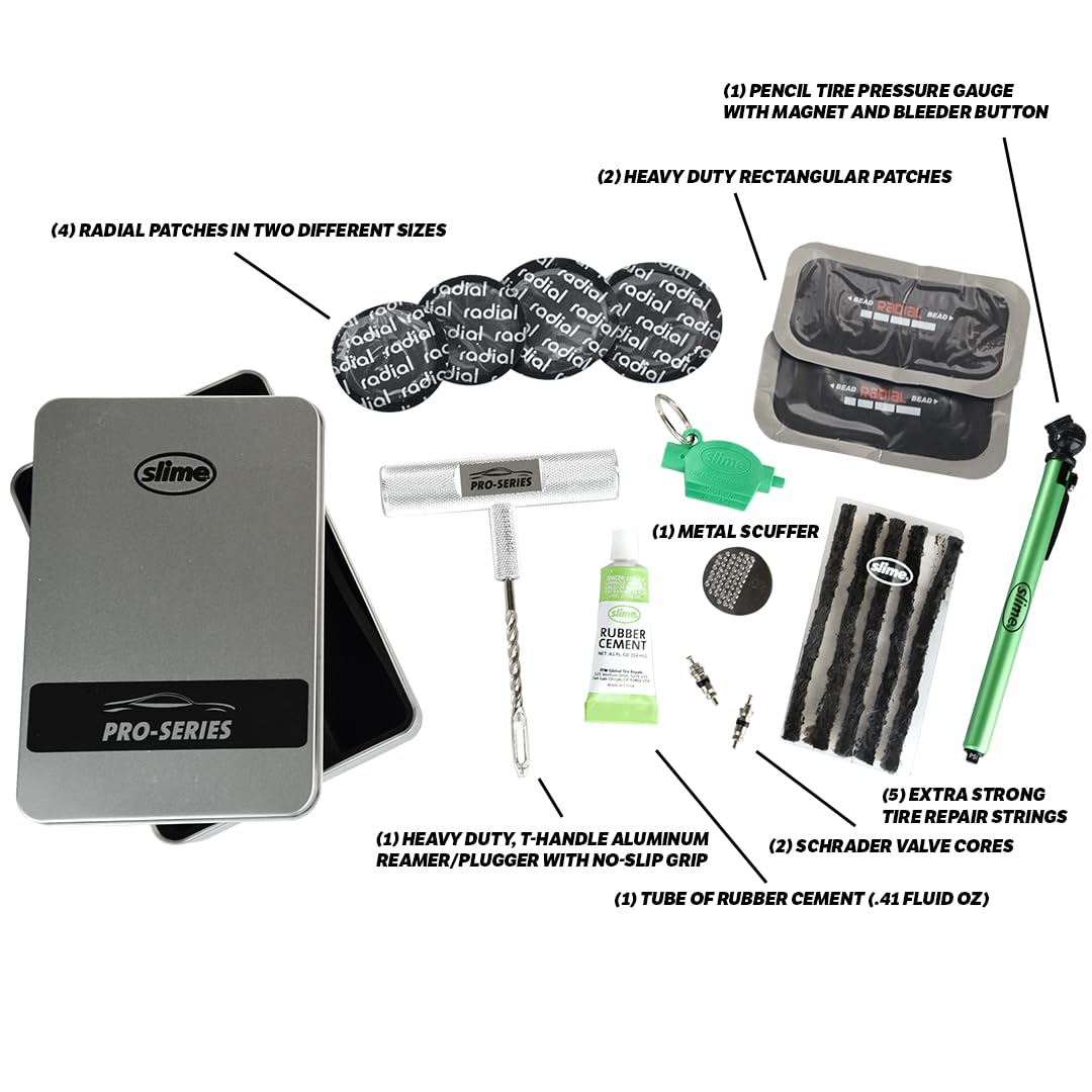 Slime 20485 Tire Tackle Kit, Pro-Series, Tire Repair Plugs, Tire Repair Patches, 18-Piece Kit