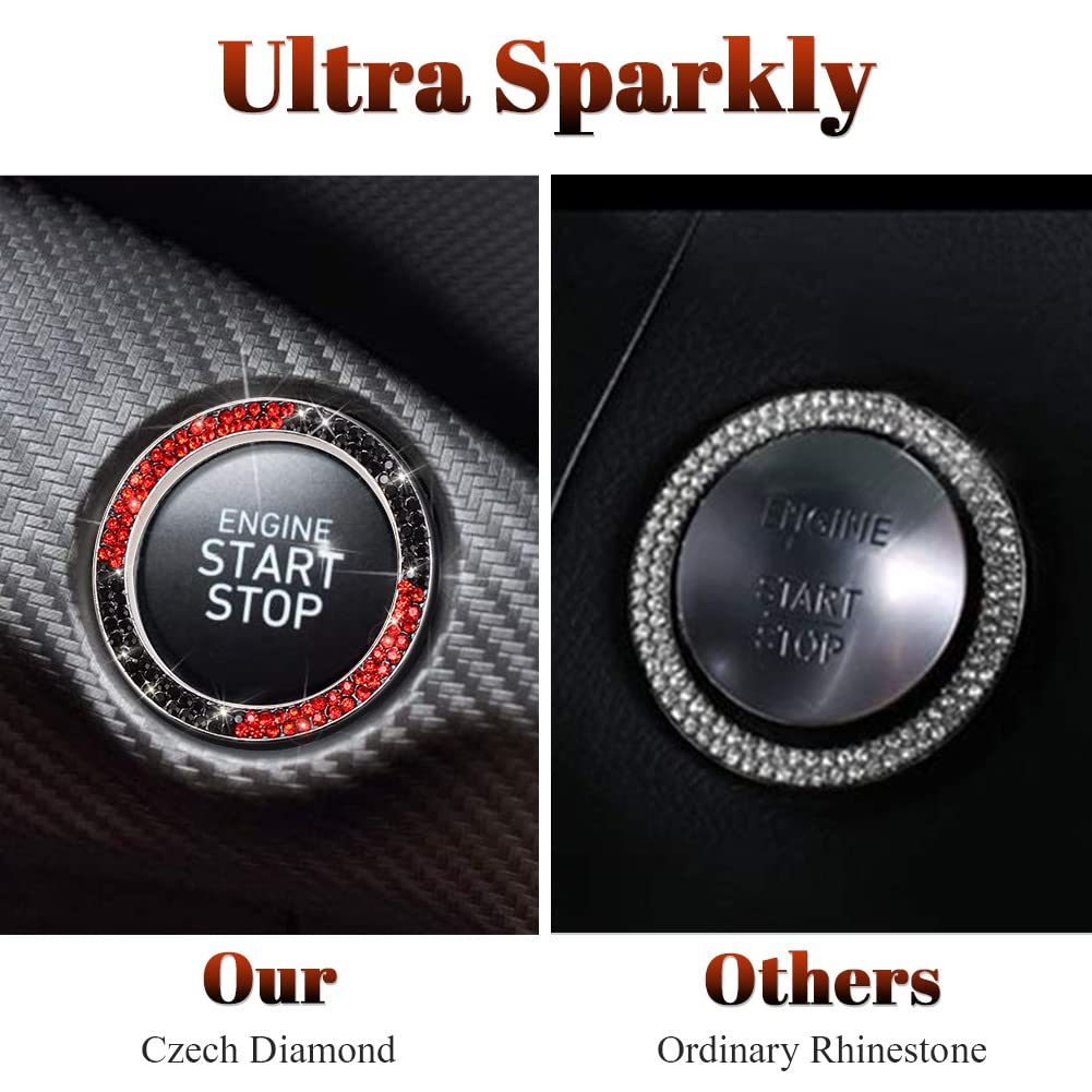Tobequeen Red And Black Bling Push Button Start Ring Car Accessories,Crystal Rhinestone Car Bling Ring Emblem Sticker Interior Decoration For Women Girl,Pure Handmade Diamond Decor,Black And Red