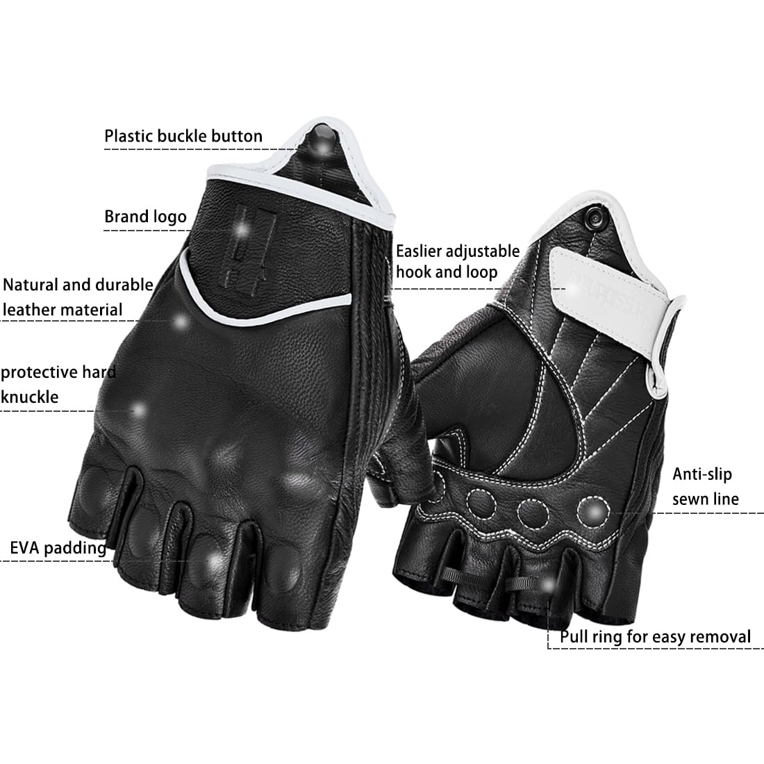 Harssidanzar Fingerless Motorcycle Gloves For Mens Leather Riding Driving Half Finger Gloves Gm037, Black/White, Size Medium
