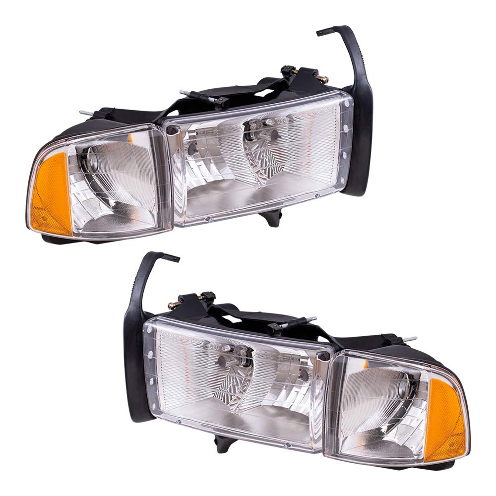 Brock Replacement Set Driver and Passenger Halogen Headlights with Corner Light Compatible with 1999-2002 Pickup Truck w/Sport P
