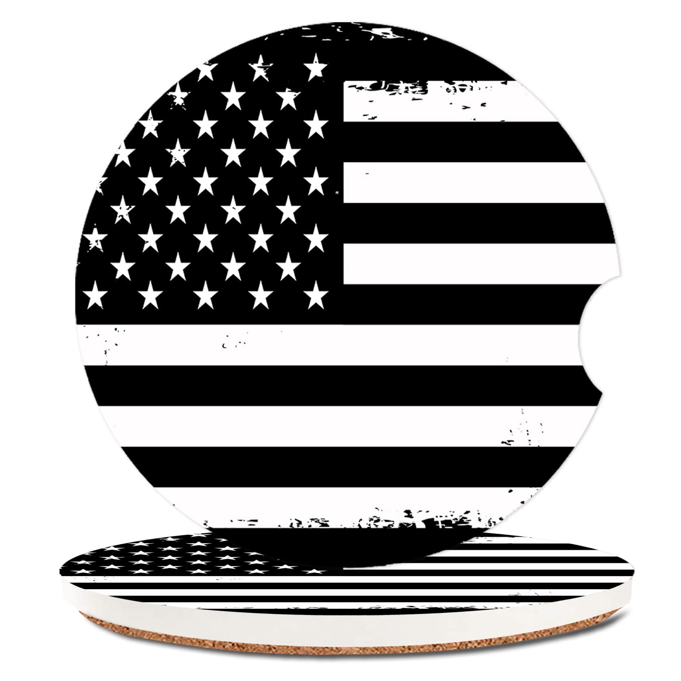 Sxboxing Absorbent Car Cupholder Coaster 2 Pack,Ceramic Stone With A Finger Notch For Women & Lady,Cork Base Drink Coasters 2.56 Inch,Cute Auto Accessories Gifts - American Flag Usa Black White