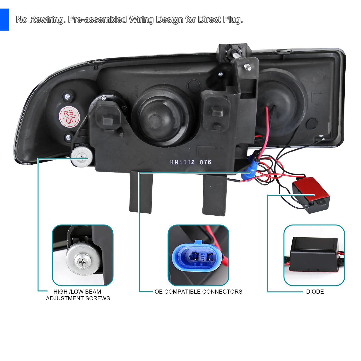 Spec-D Tuning Smd Led Dual Halo Projector Headlights Black Compatible With 1998-2004 Chevy S10 Pickup, 1998-2004 Chevy S10 Blaze